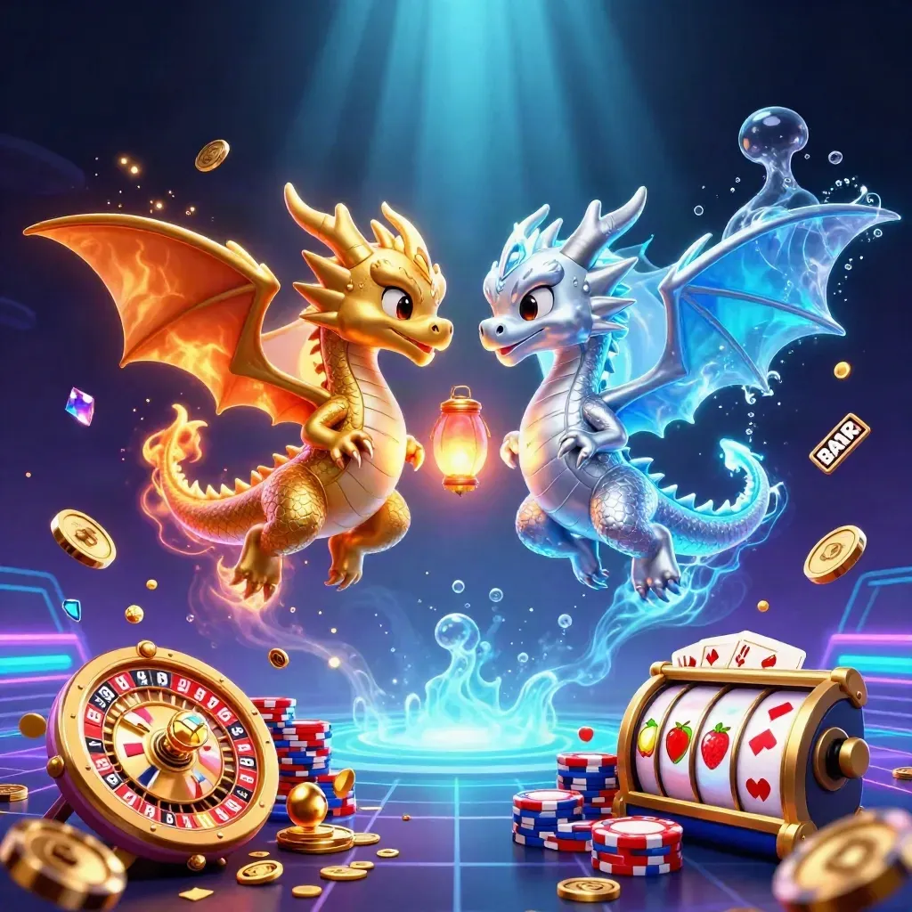 Twin gold and silver dragons swirl through neon casino magic with coins, chips, cards and slots.