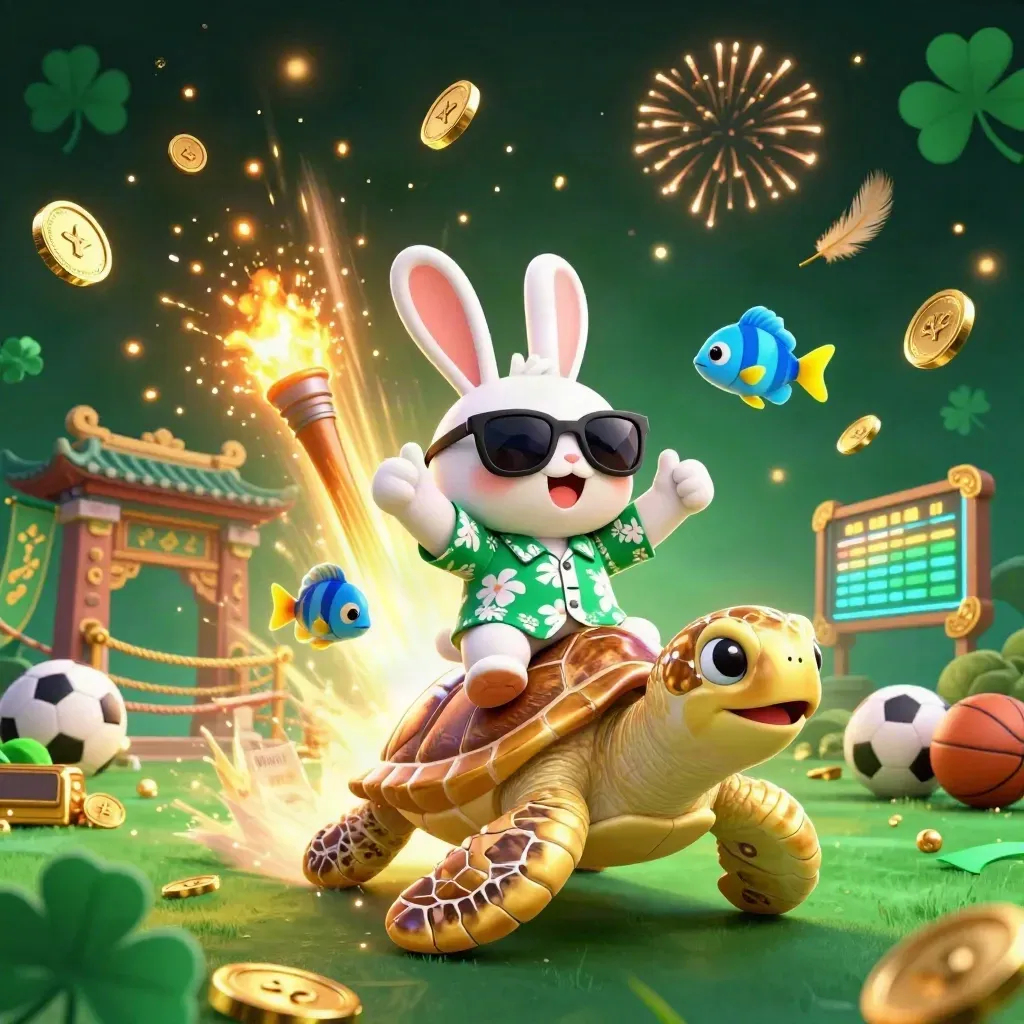 Lucky rabbit on a gold turtle amid casino coins, fireworks, temple gate, sports props, neon cosmic glow