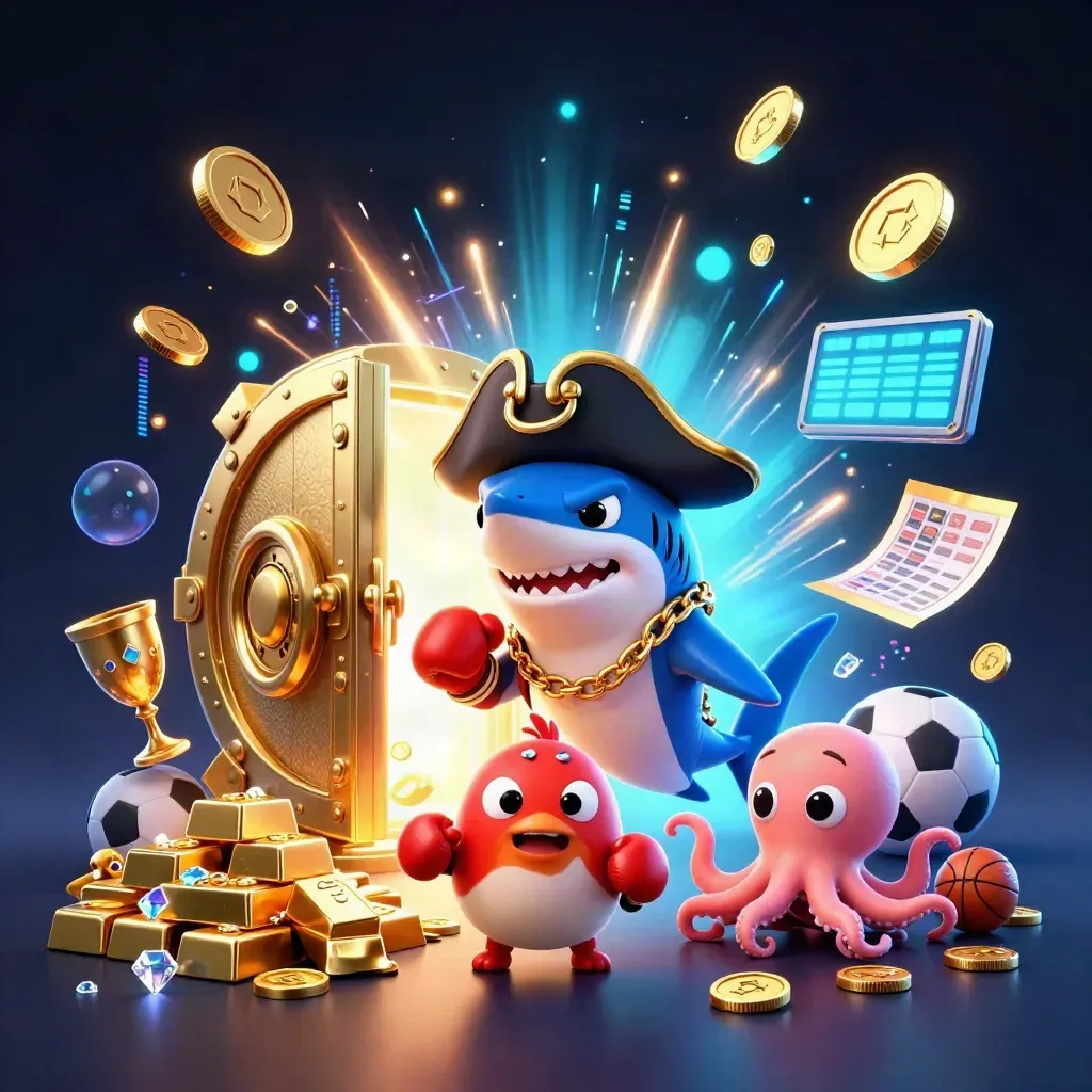 Shark pirate, red pufferfish, and baby octopus burst from a treasure vault with neon loot and fireworks.