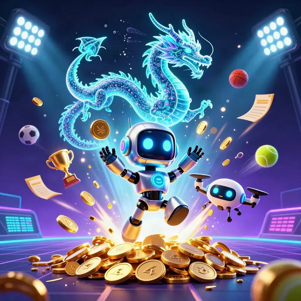 Cyberpunk robot, holographic dragon, and coin drone burst with coins, balls, and trophy in neon casino light