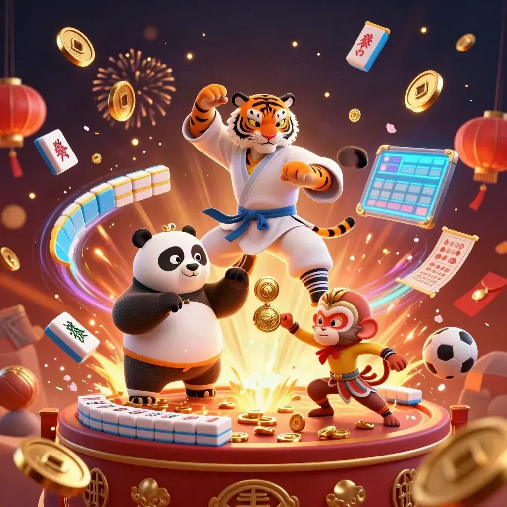 Kung-fu tiger, panda, and monkey amid vault burst, blank coins, fireworks, and sports betting props.