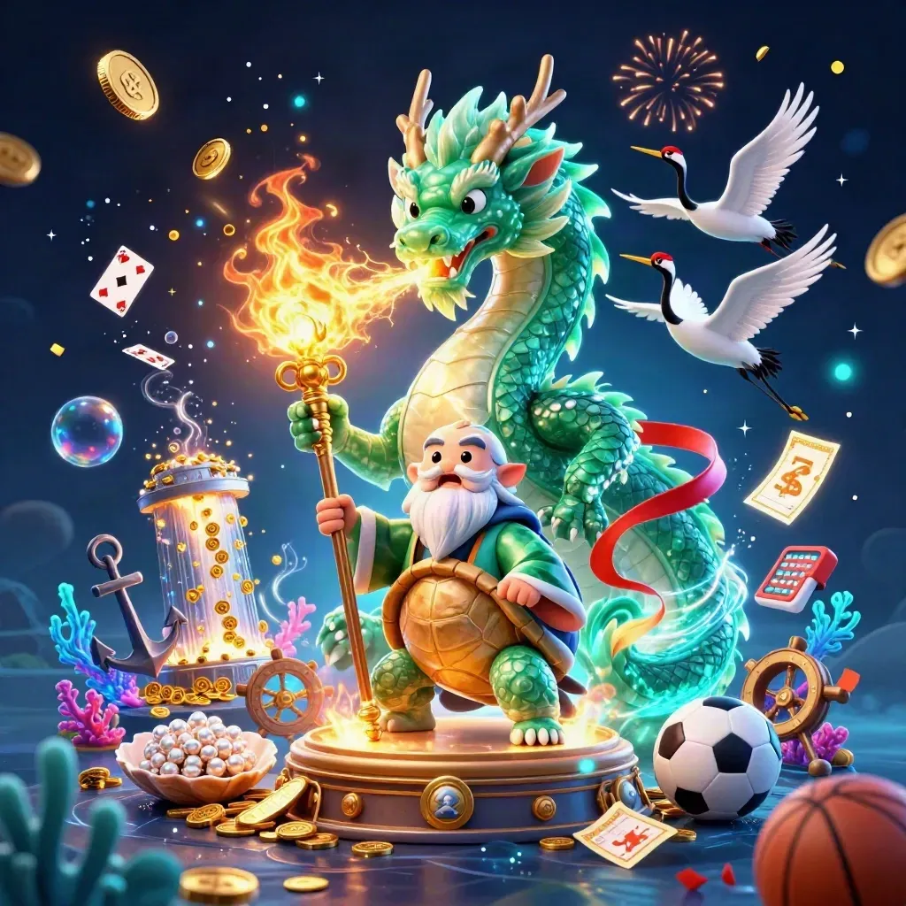 Emerald dragon, jade turtle sage, cranes, casino treasure, coins, fireworks, and neon blue-cyan glow.