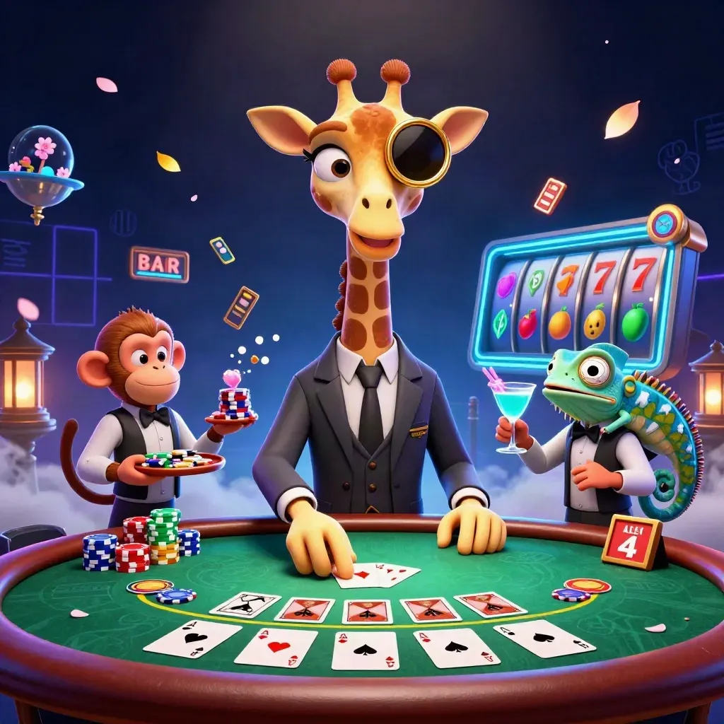 Three cartoon casino mascots around a neon poker table with cards, chips, and slot symbols