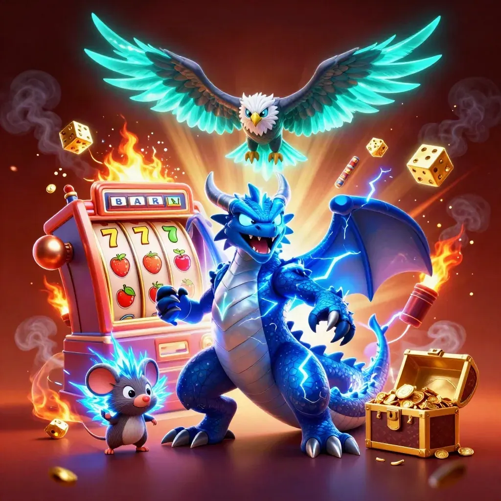 Thunder dragon, hawk, and static mouse with exploding slot jackpot and gold in neon casino art