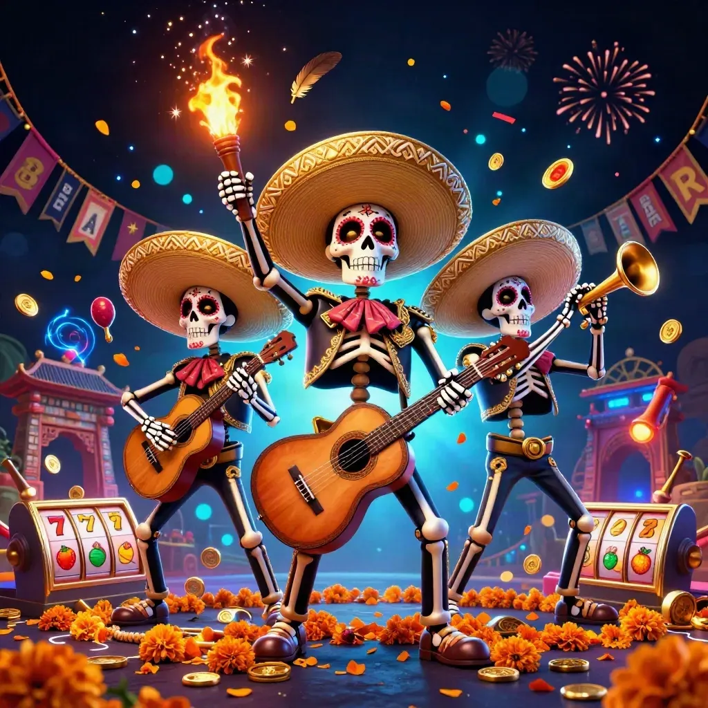 Neon mariachi skeleton trio with slots, coins, fireworks, and cosmic casino glow