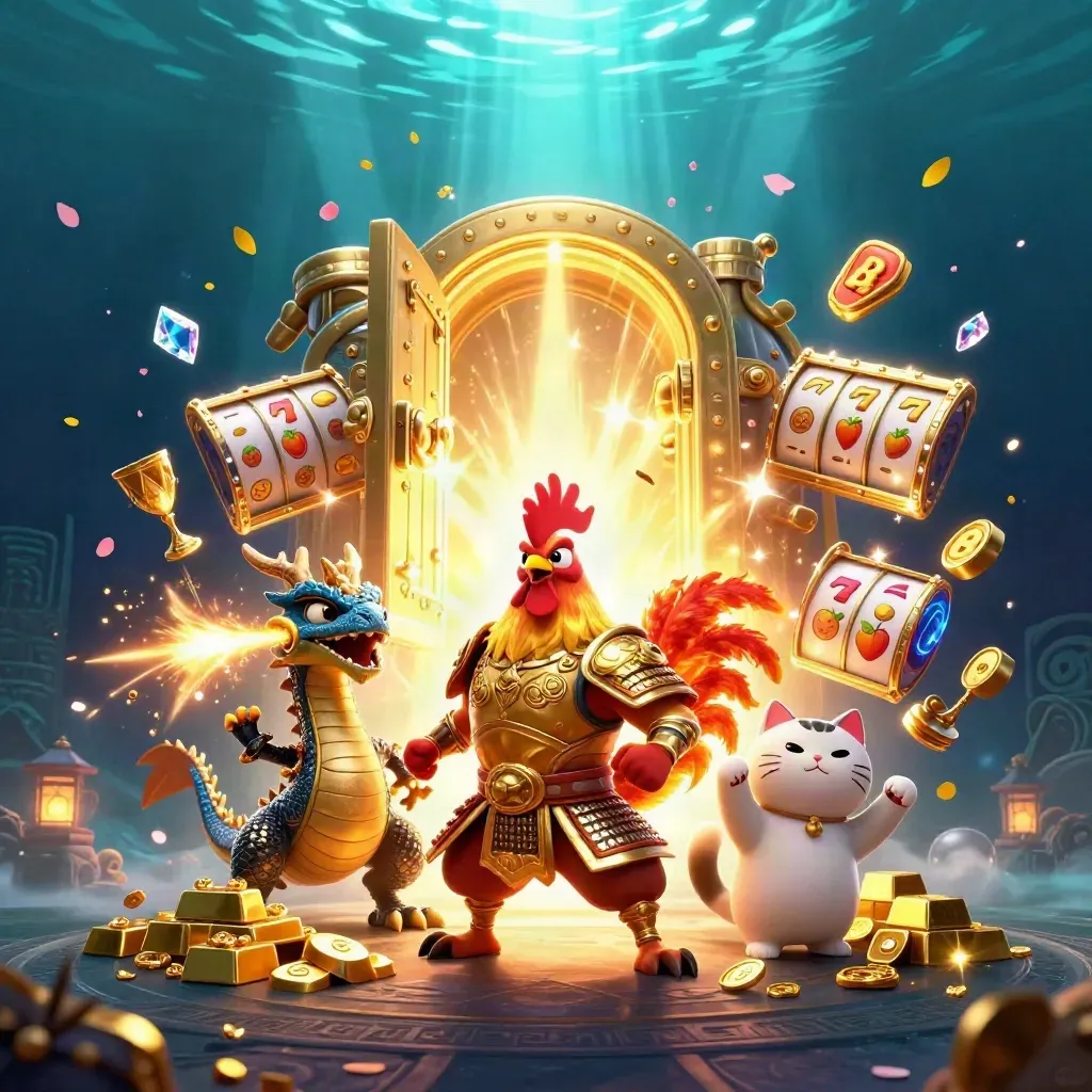 Rooster warrior, dragon hatchling, and fortune-cat amid a vault blast, gold, gems, and casino reels
