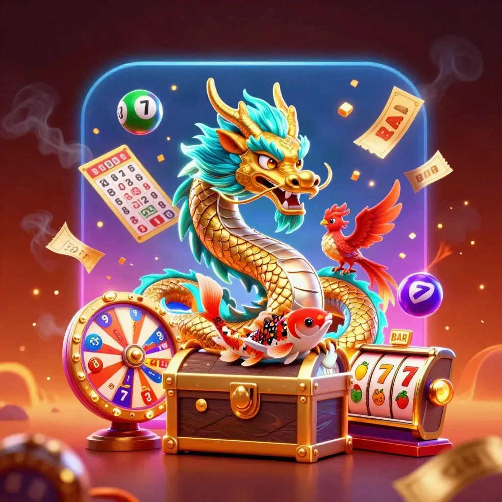 Golden dragon with phoenix, koi and casino props bursting in a fiery neon storm.