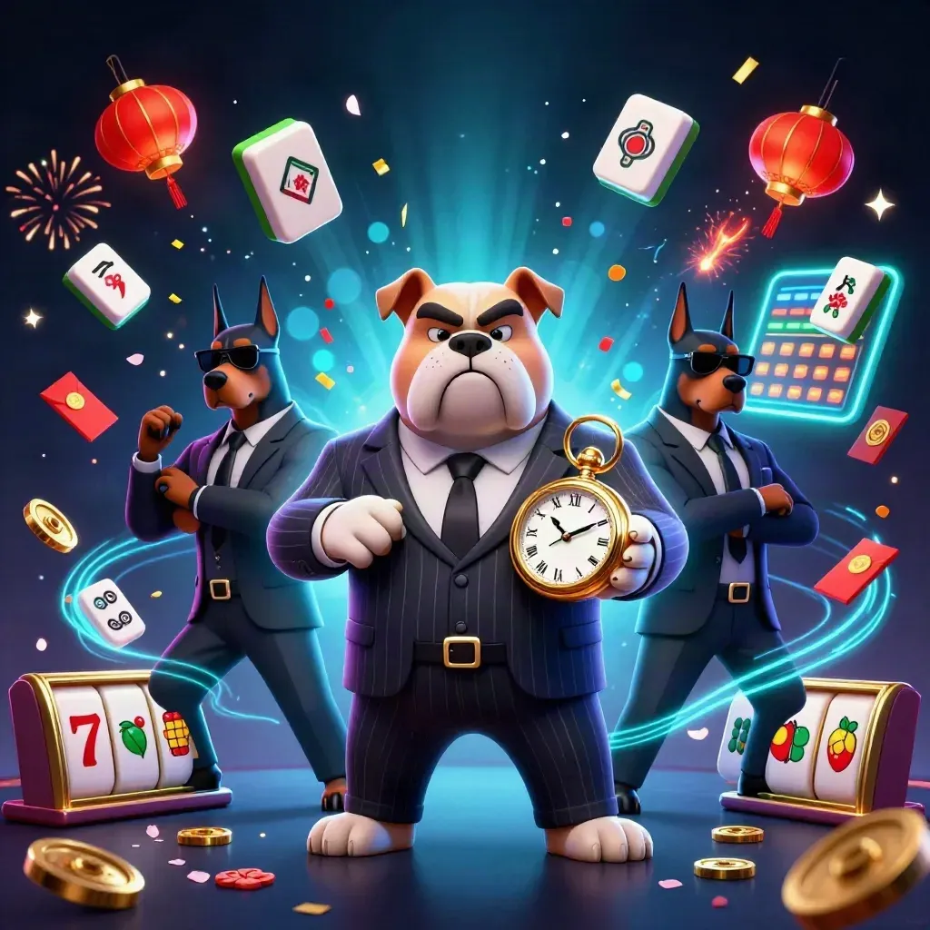 Bulldog mob boss with two Doberman guards amid casino symbols, neon fireworks, and coins