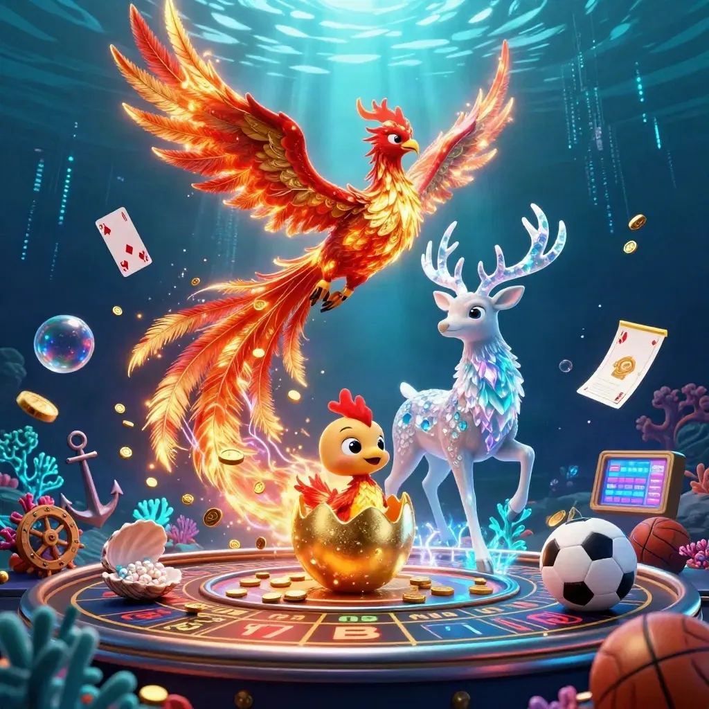 Phoenix, baby phoenix, and crystal-antlered stag amid casino treasure in neon underwater glow