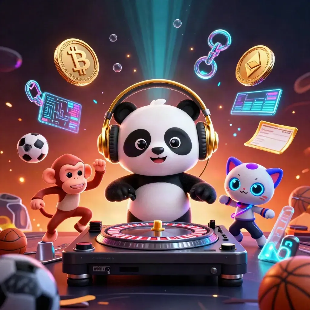 Panda DJ, dancing monkey, and rave kitten amid neon coins, sports props, and casino light.