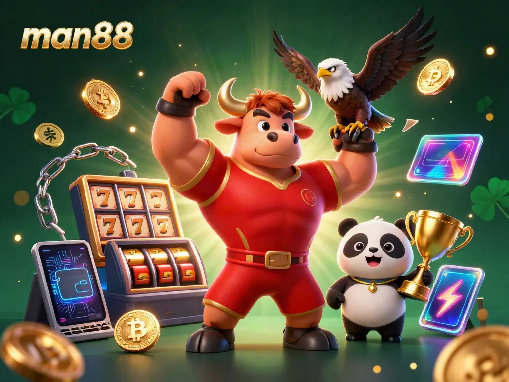 Experience the thrill of man88 with a victorious bull mascot and companions in a vibrant casino setting.