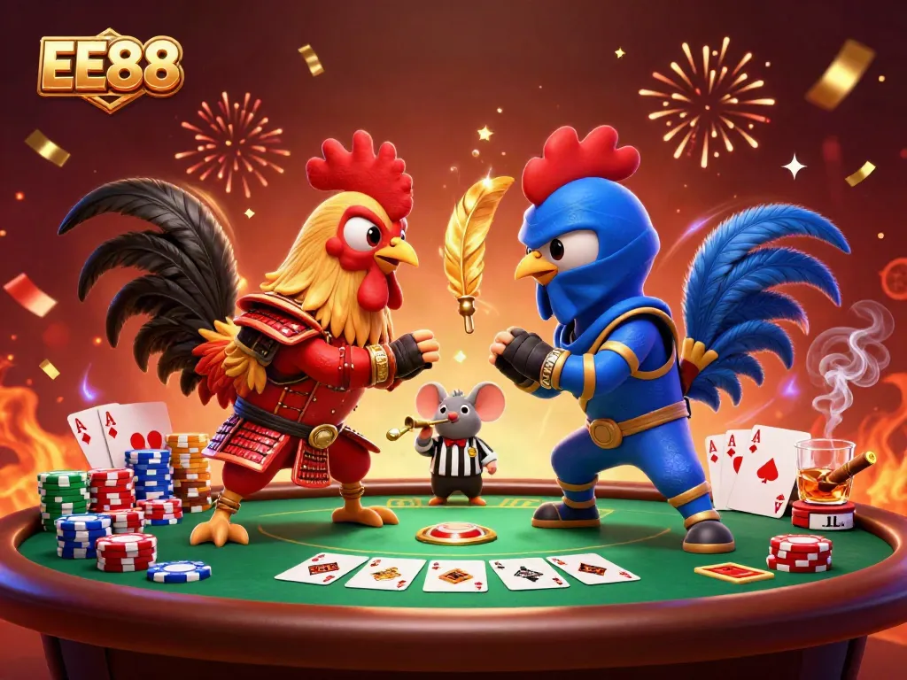 Engage with EE88's thrilling poker showdown featuring energetic roosters in 3D.