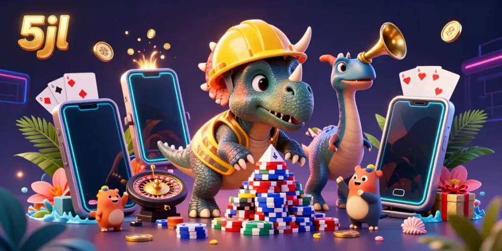 Join the celebration with 5jl as fun characters build poker chip towers in a vibrant casino illustration.