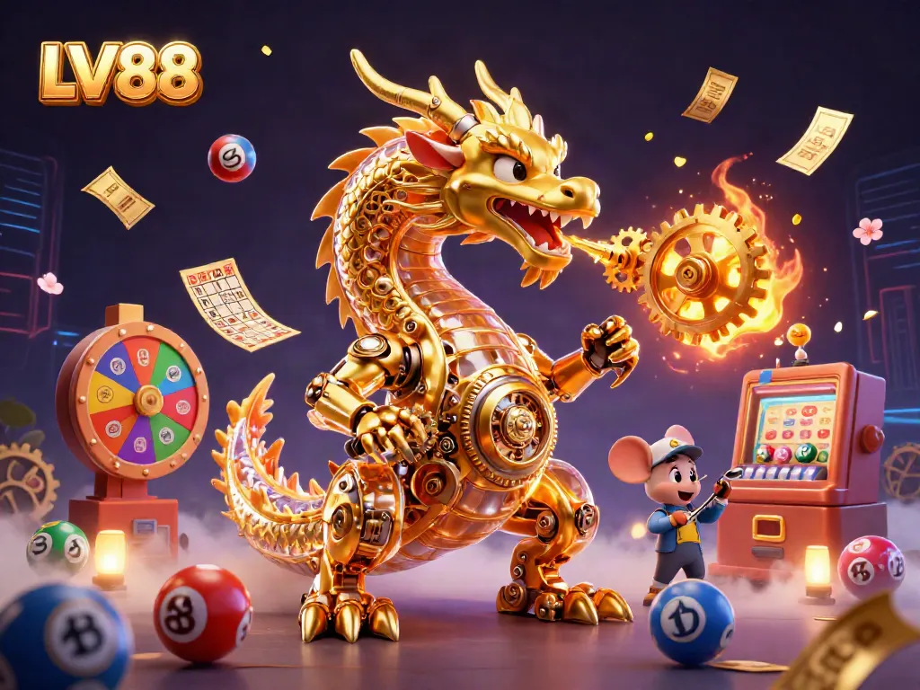 Experience the dynamic excitement of LV88 with a golden dragon and festive gaming elements in a captivating 3D scene.