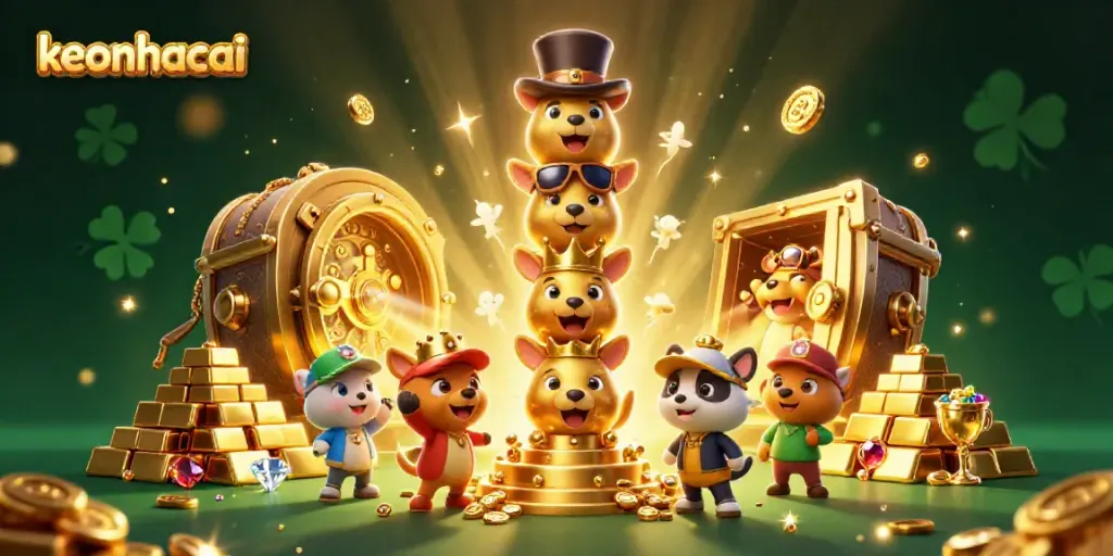 keonhacai showcases a vibrant sports betting scene with a golden totem pole and treasure elements, emphasizing excitement.