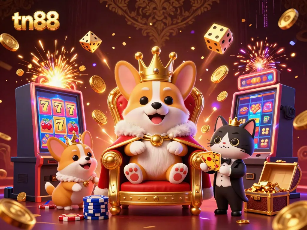 Enjoy thrilling tn88 casino experience with a royal corgi on a poker chip throne surrounded by vibrant game symbols.