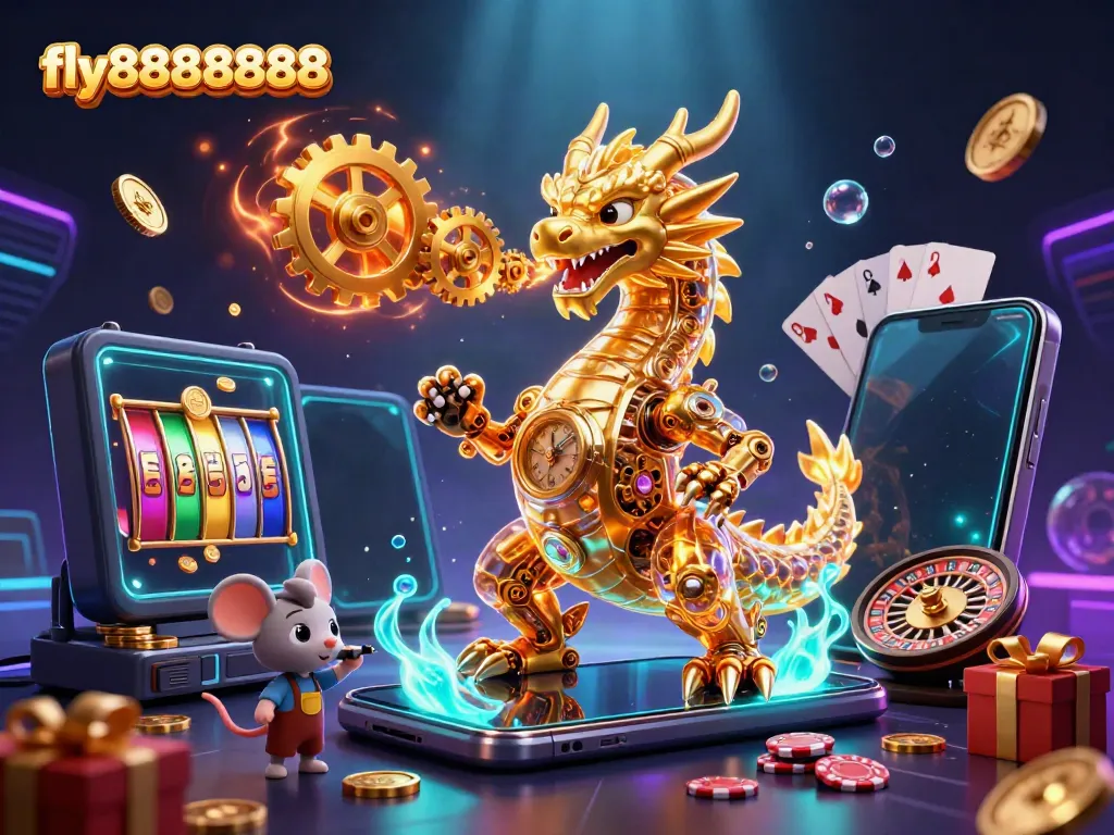 Experience top gaming excitement with the fly88888888 3D golden dragon and casino elements.