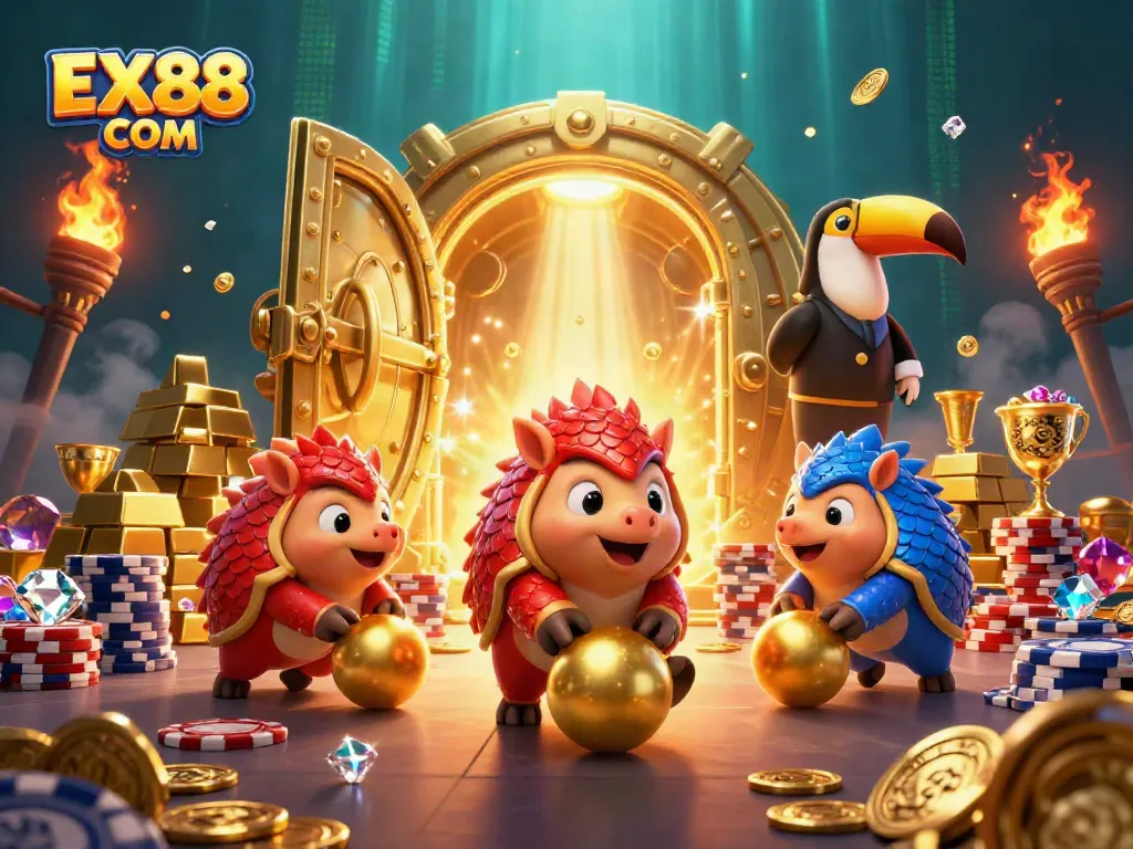 Bowling pangolins in a vibrant casino scene, showcasing EX88 COM amidst gold treasures and poker chips.