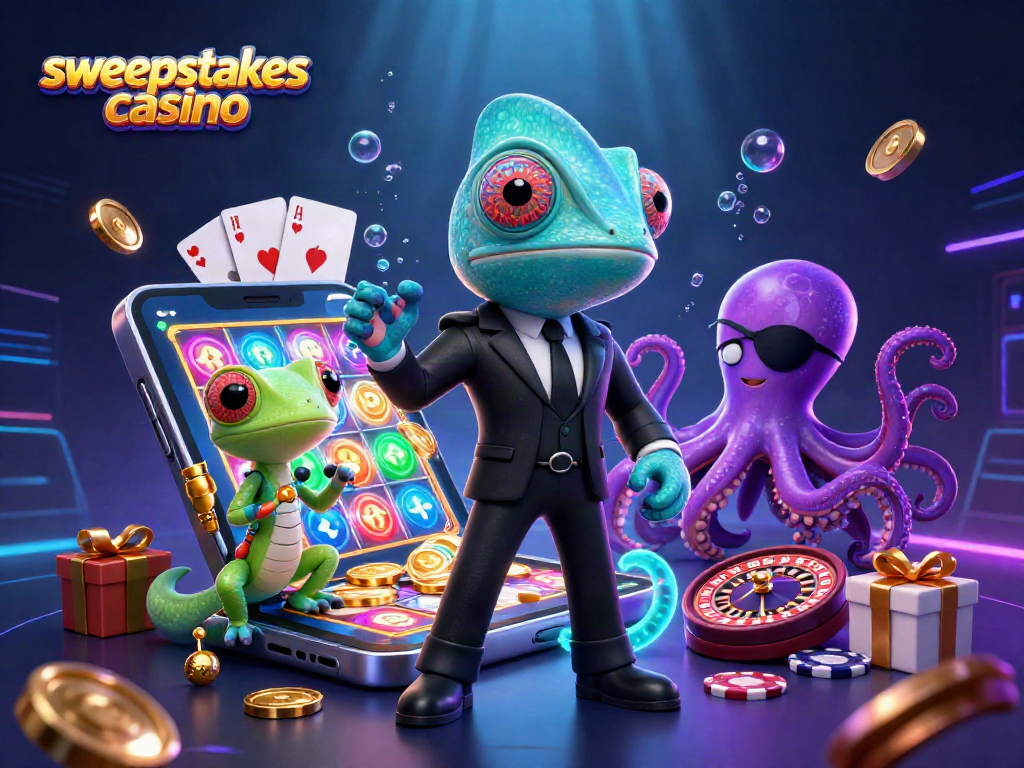Engage in thrilling gameplay at sweepstakes casino, featuring a vibrant scene with colorful slot games and entertaining characters.