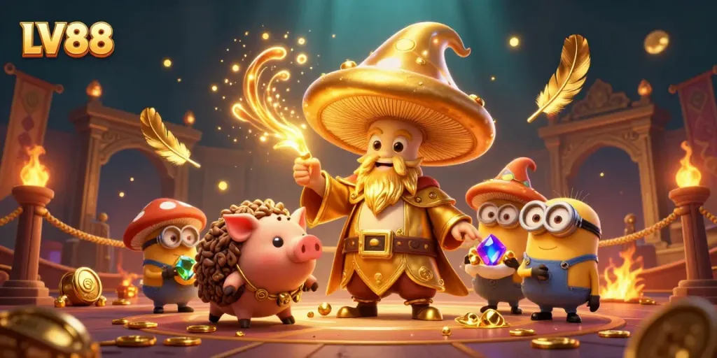 Experience the magic of LV88 with a golden mushroom wizard and treasures in a vibrant casino scene.