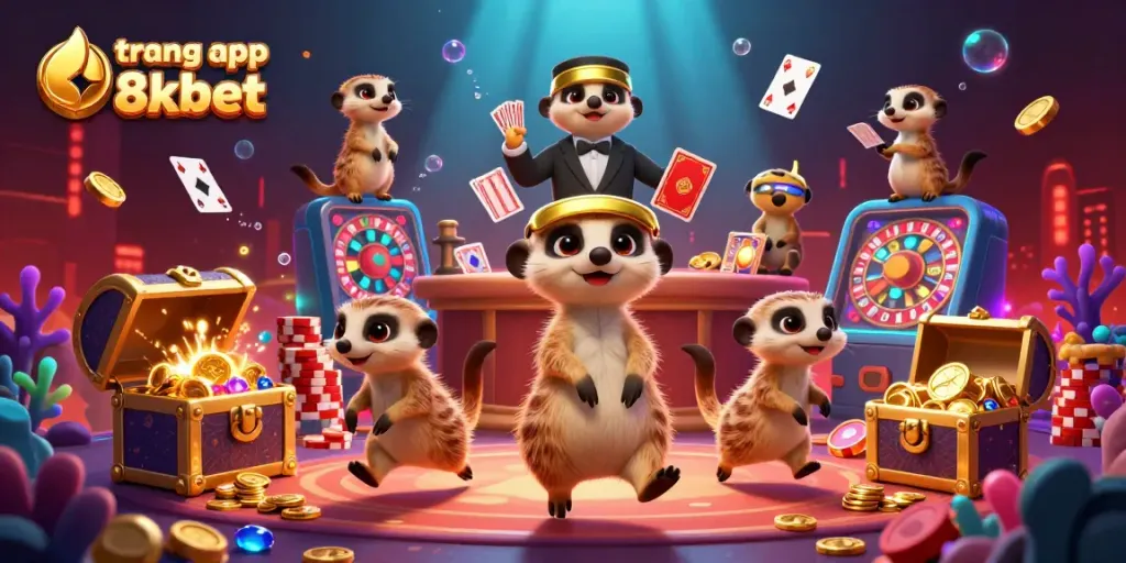 Experience the thrilling gaming action with the trang app 8xbet featuring a colorful meerkat casino scene.