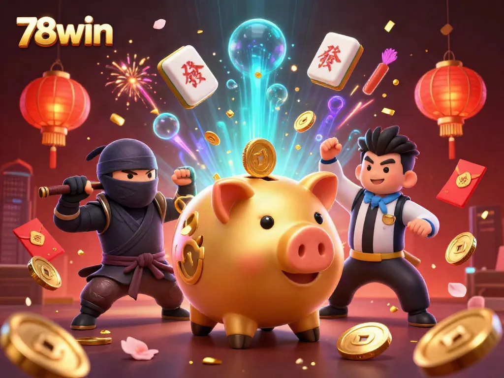 Experience thrilling gameplay with 78win as a golden piggy bank sumo wrestler unleashes coins, surrounded by festive casino elements.