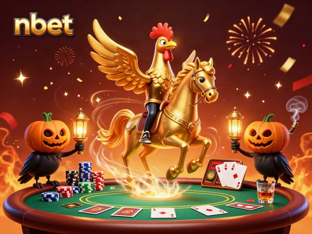 Join nbet in an extravagant casino scene featuring a golden rooster riding a spectral horse.