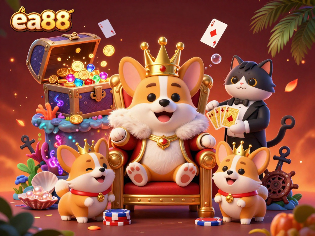 Experience ea88's vibrant online gambling world with a royal corgi and treasure-filled scene.
