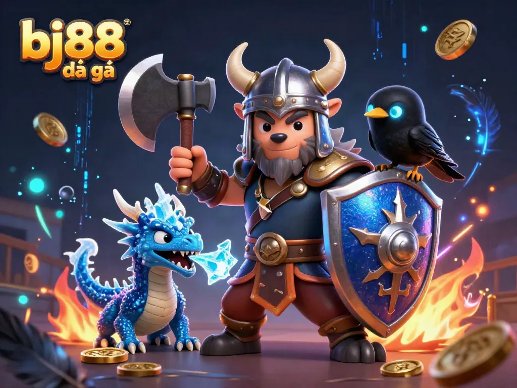 Experience the thrill of bj88 đá gà with an epic Viking warrior, dragon, and immersive arena.