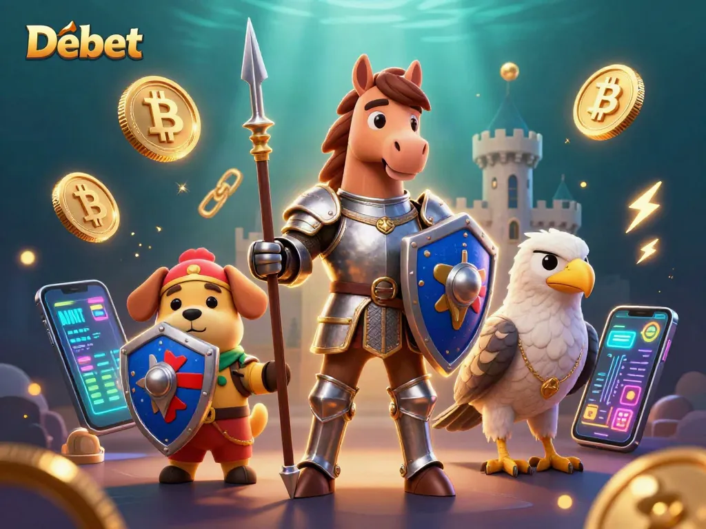 Experience gaming excitement with Debet as a knight, puppy, and falcon join in on a vibrant casino adventure.