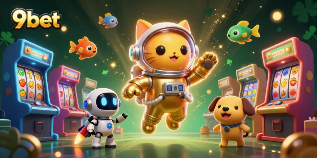 Experience thrilling gaming adventures at 9bet with vibrant casino elements and playful characters.