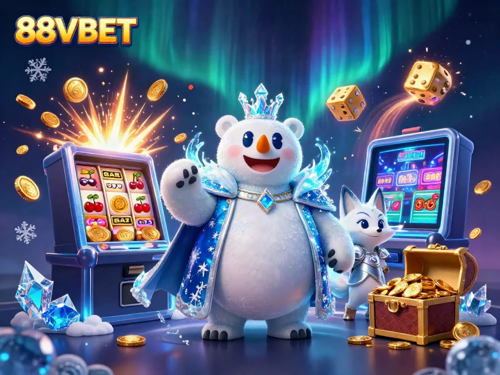 Engage with 88VBET in a vibrant casino scene featuring a polar bear king and shimmering jackpot elements.