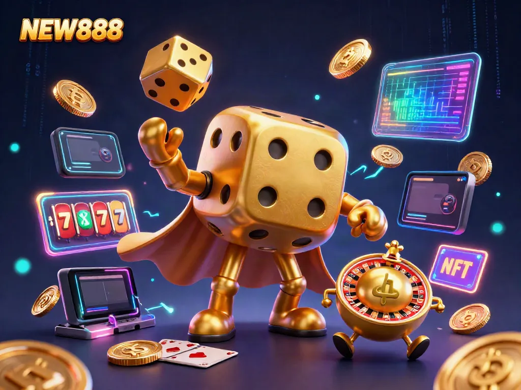 Experience the excitement of NEW888 with vibrant 3D characters and dynamic gaming elements in a casino setting.