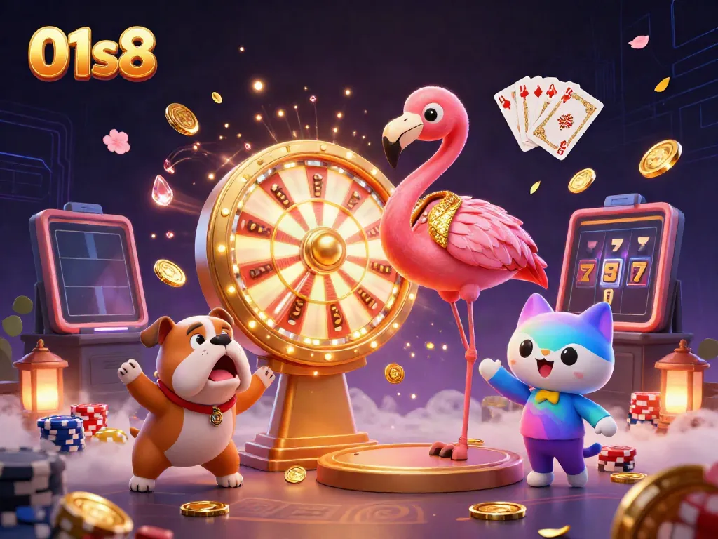 Spin the prize wheel at 01s8 to win big in this vibrant casino-themed illustration.