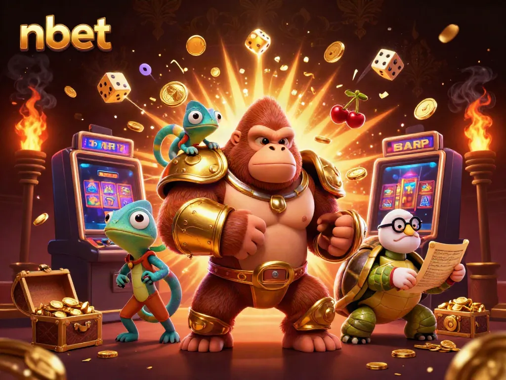 Engage with nbet's thrilling gaming world featuring a majestic gorilla champion amidst jackpots and casino treasures.