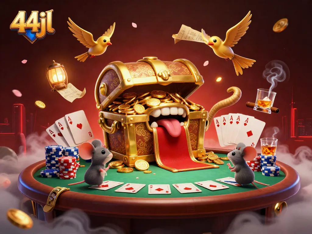Join the adventure with 44jl as treasure-seeking mice are attracted to a golden chest under a whimsical casino scene.