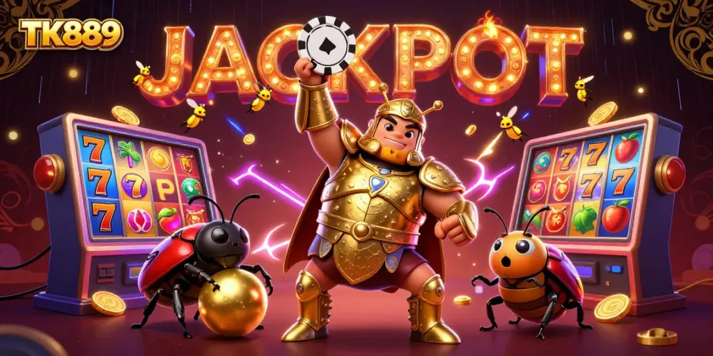 Engaging scene showcasing TK889 with a heroic beetle character lifting a poker chip, surrounded by vibrant slot game elements.