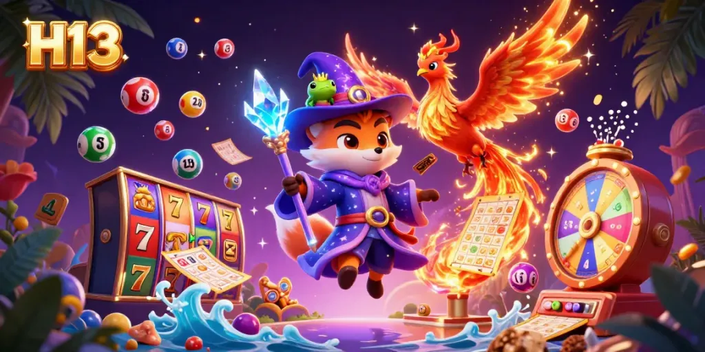Experience the excitement of H13 with vibrant slot reels and a mystical atmosphere in this detailed casino illustration.