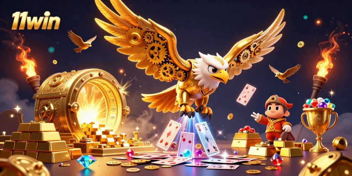 Engaging in thrilling gameplay at 11win with a golden eagle soaring over holographic cards and treasures.