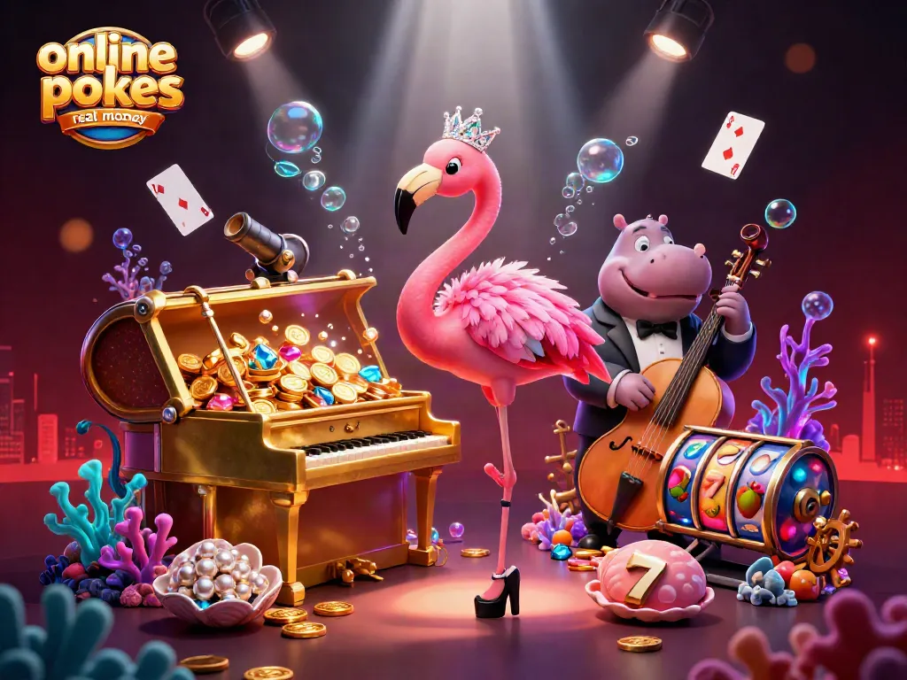 Play thrilling online pokies real money australia with vibrant characters and casino elements in a dazzling underwater scene.