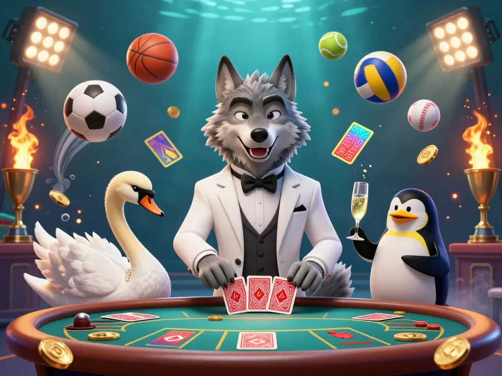 Experience the thrill of LUCKY77 at a lively baccarat table featuring unique characters in a dynamic casino scene.