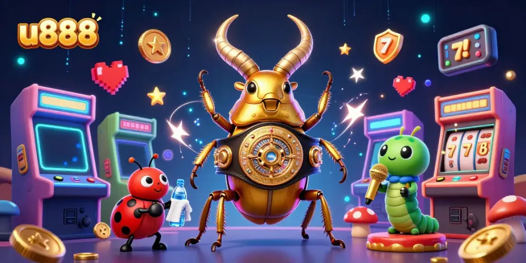 Experience u888's thrilling gaming scene with a giant stag beetle champion amid colorful arcade machines.