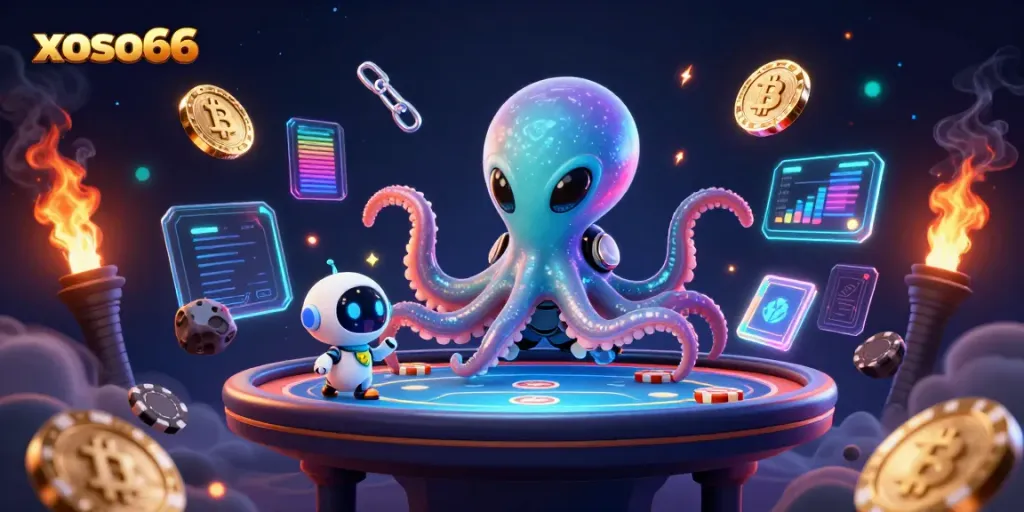 Engage with the vibrant gaming universe of xoso66 featuring an alien octopus at a holographic poker table.