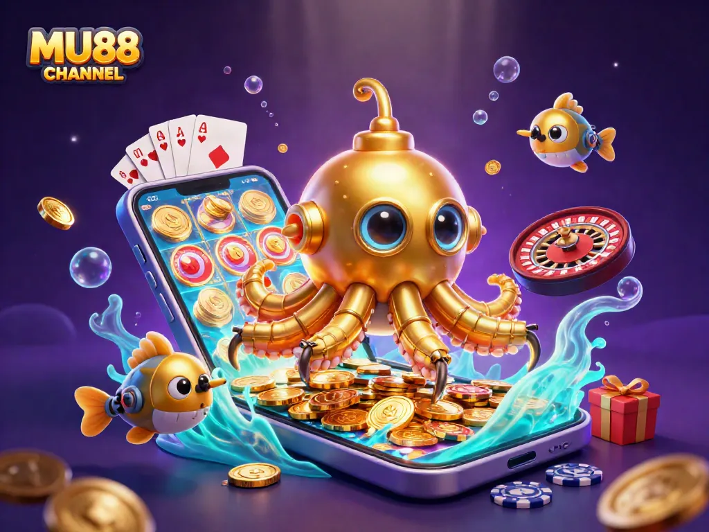 Experience thrilling action with MU88 CHANNEL's golden kraken submarine amidst coins and games.