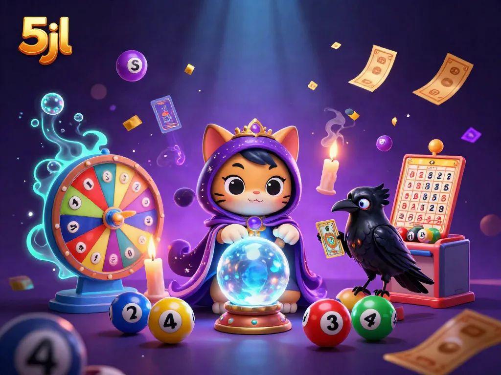 Engage with 5jl's dynamic 3D casino illustration showcasing fortune teller mystic cat and vibrant game elements.