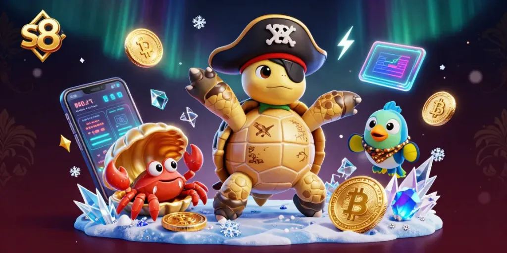 Engage in thrilling action with s8 as a turtle pirate discovers treasures amidst crypto elements.
