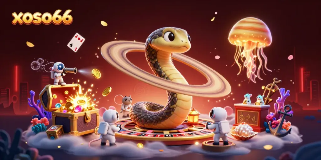 Engage with xoso66 in an immersive cosmic casino scene featuring unique characters and vibrant elements.