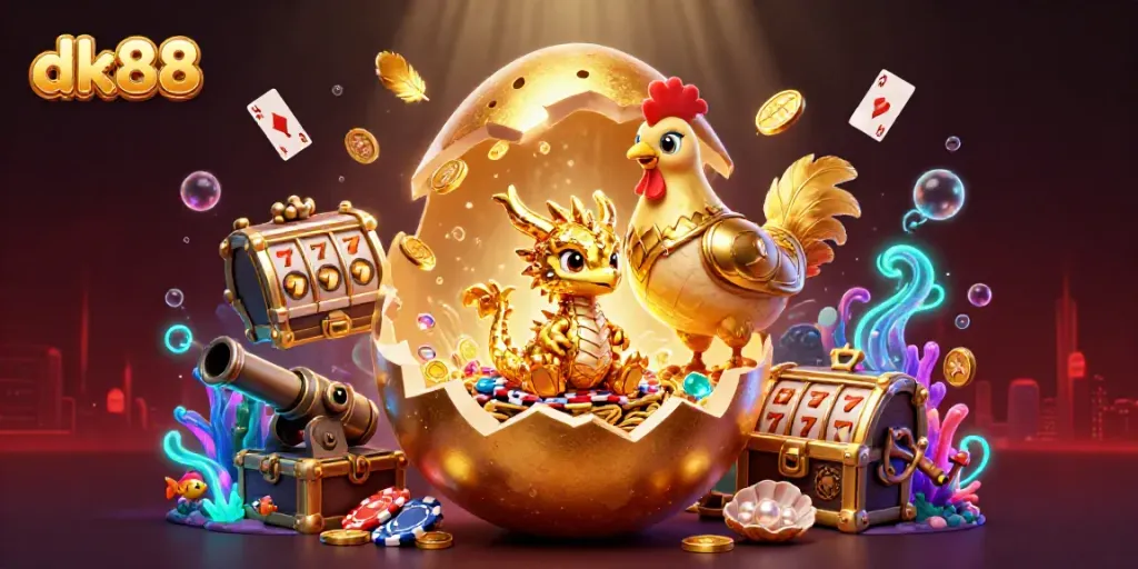 Experience excitement at dk88 with a golden dragon and poker chips amidst vibrant casino elements.