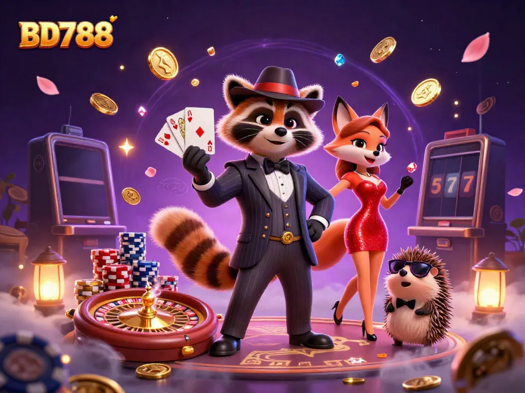 Experience thrilling gameplay at BD788 with a raccoon and fox duo celebrating a royal flush in a vibrant casino scene
