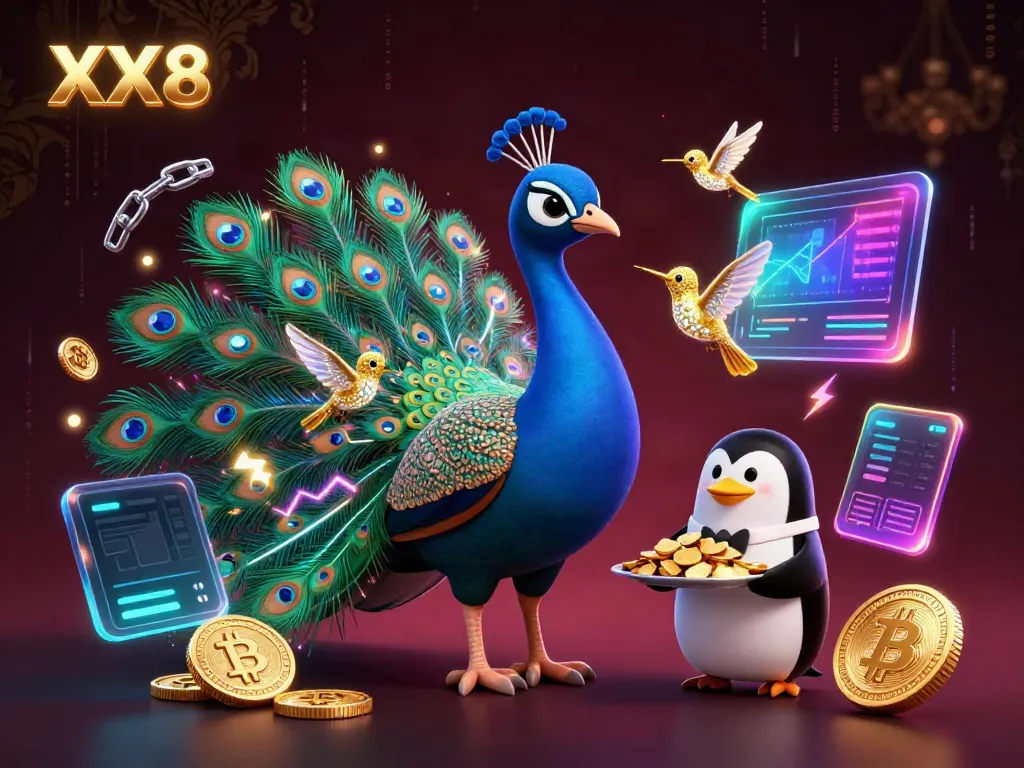 Engage with XX8's vibrant casino scene, featuring a peacock, penguin, and hummingbird amidst a dynamic display of crypto coins.
